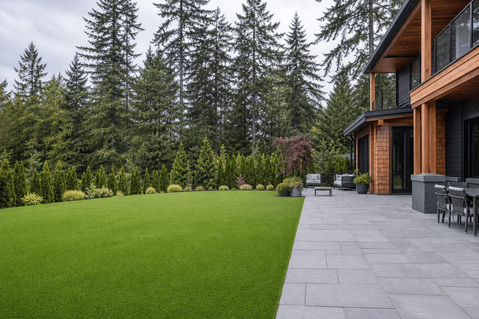 Freshly installed artificial grass lawn in a Surrey, BC backyard bordered by a paver patio and tall evergreens