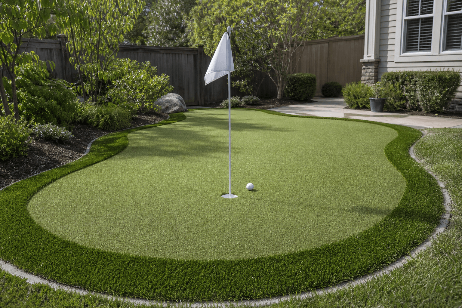 Backyard artificial putting green with a flag and fringe border in Surrey, BC