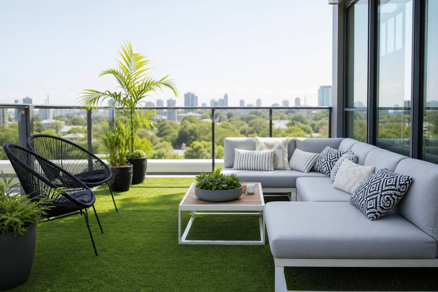 Condo rooftop patio floored with artificial grass and lounge furniture overlooking the city